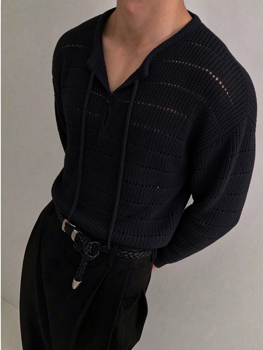 TONEVAULT Mature Men Autumn/Winter Sexy Hollow-Out Street Punk Rock Style Daily Versatile Pullover Sweater - Black - View 1