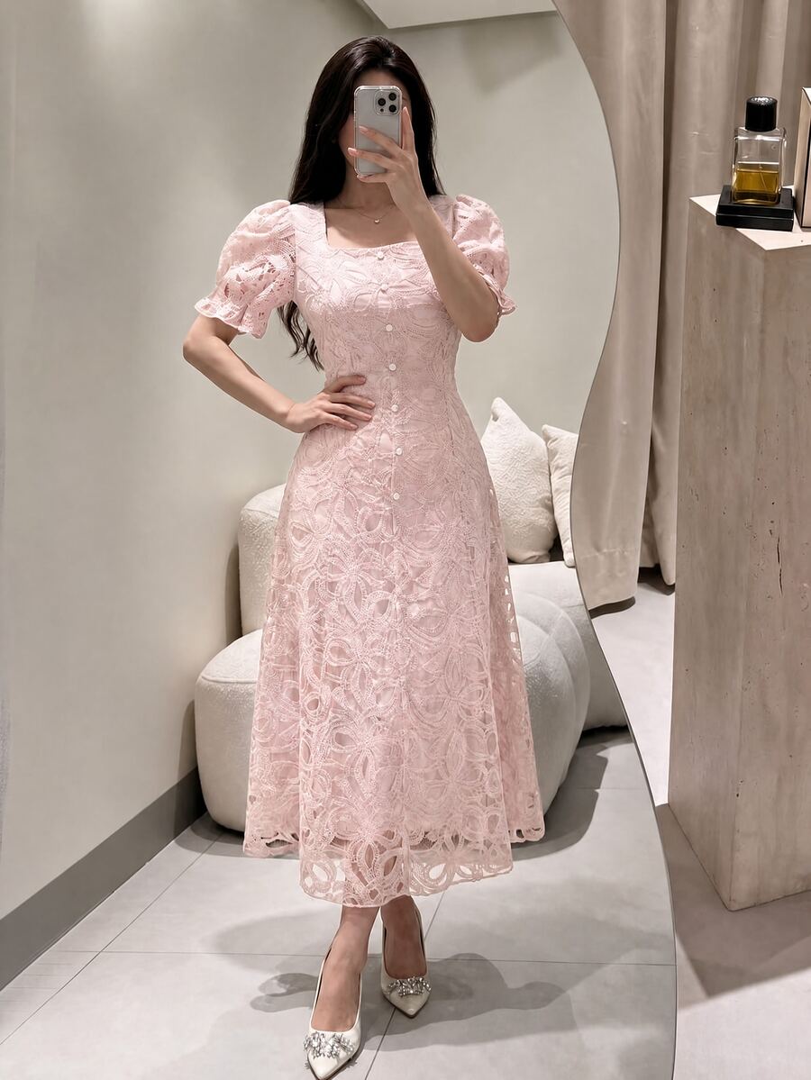 Modelyn 女士法式蕾丝优雅收腰长裙 - 粉色 - 查看 1