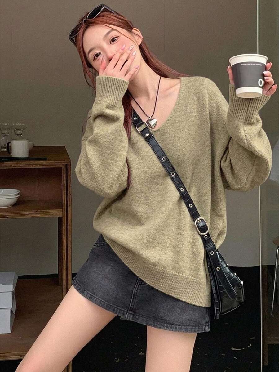 DAZY 女款純色寬鬆長袖V領針織衫 秋季 - 黃色 - 查看 1