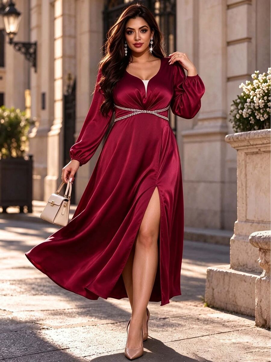 SHEIN LUNE CURVE Plus Size Women's Satin Faux Pearl Decor Front Slit Dress For Evening Party Christmas Fall - Burgundy - View 1