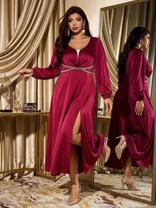 SHEIN LUNE CURVE Plus Size Women's Satin Faux Pearl Decor Front Slit Dress For Evening Party Christmas Fall - Burgundy - View 3