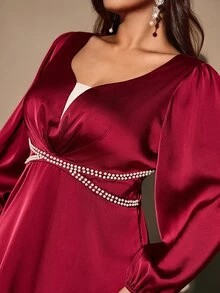 SHEIN LUNE CURVE Plus Size Women's Satin Faux Pearl Decor Front Slit Dress For Evening Party Christmas Fall - Burgundy - View 7