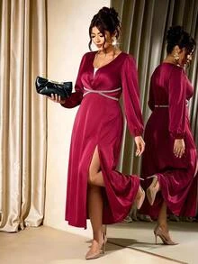 SHEIN LUNE CURVE Plus Size Women's Satin Faux Pearl Decor Front Slit Dress For Evening Party Christmas Fall - Burgundy - View 4