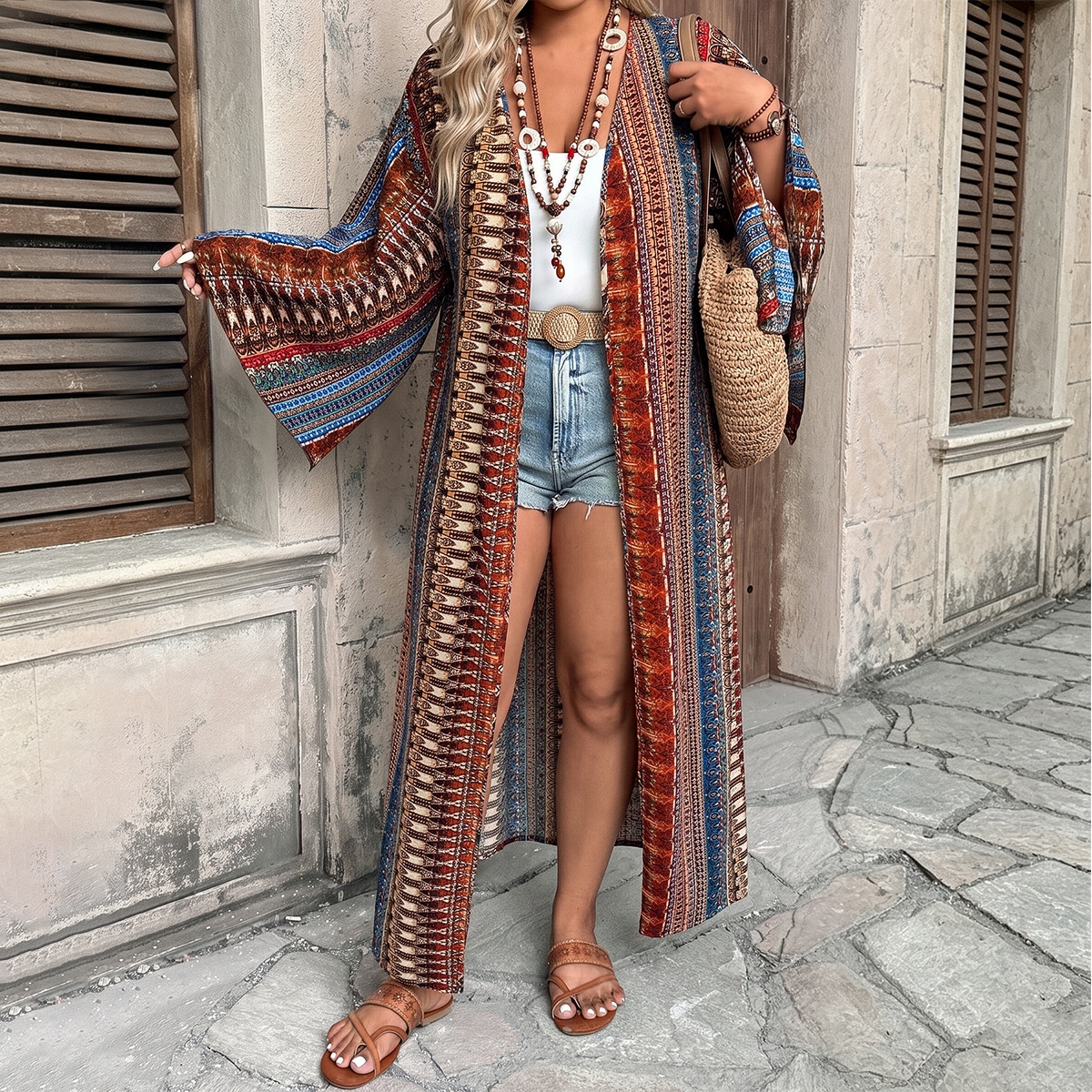 Plus Size Women's Elegant Casual Multi-Color Striped Bohemian Colorful Paisley Open Front Long Sleeve Long Cardigan Fall Going Out Brown