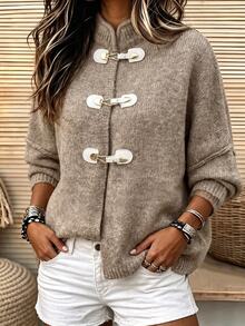 SHEIN LUNE Women's Solid Color Casual Versatile Daily Wear Cardigan - Khaki - View 6
