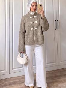 SHEIN LUNE Women's Solid Color Casual Versatile Daily Wear Cardigan - Khaki - View 1