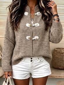 SHEIN LUNE Women's Solid Color Casual Versatile Daily Wear Cardigan - Khaki - View 3