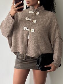 SHEIN LUNE Women's Solid Color Casual Versatile Daily Wear Cardigan - Khaki - View 8