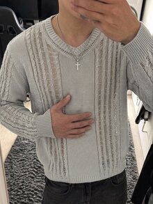 Manfinity Hypemode Autumn New V-Neck Long Sleeve Lightweight Pullover Cable Knit Versatile Men's Sweater - Light Grey - View 6