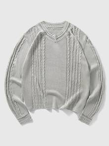 Manfinity Hypemode Autumn New V-Neck Long Sleeve Lightweight Pullover Cable Knit Versatile Men's Sweater - Light Grey - View 2