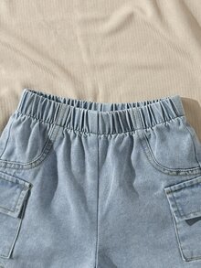 SHEIN 2件/套 嬰兒/男嬰休閒夏季海灘套裝 1件白色連帽針織字母印花無袖口袋背心+1件藍色彈性腰牛仔短褲 - 彩色 - 查看 4