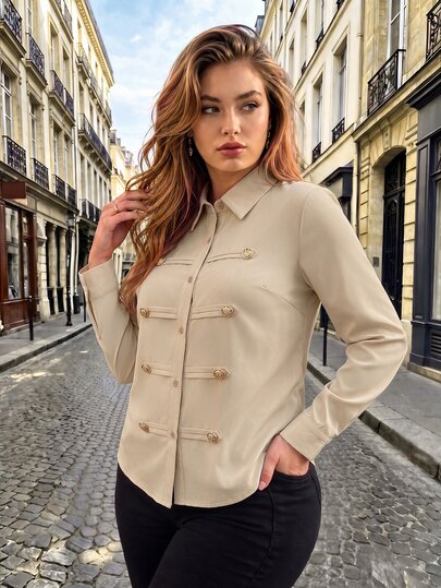Easura Plus Size Women's Autumn/Winter New Woven Short Khaki Color Collared Long Sleeve High Waist Cropped Multi-Button Decor Utility Style Sweet Cool Preppy Casual Fashion Versatile Commuter Shirt