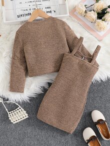 Emery Rose Kids Emery Rose Kids 2 件套年轻女孩纯色短款针织开衫和修身针织休闲连衣裙套装 - 卡其色 - 查看 4