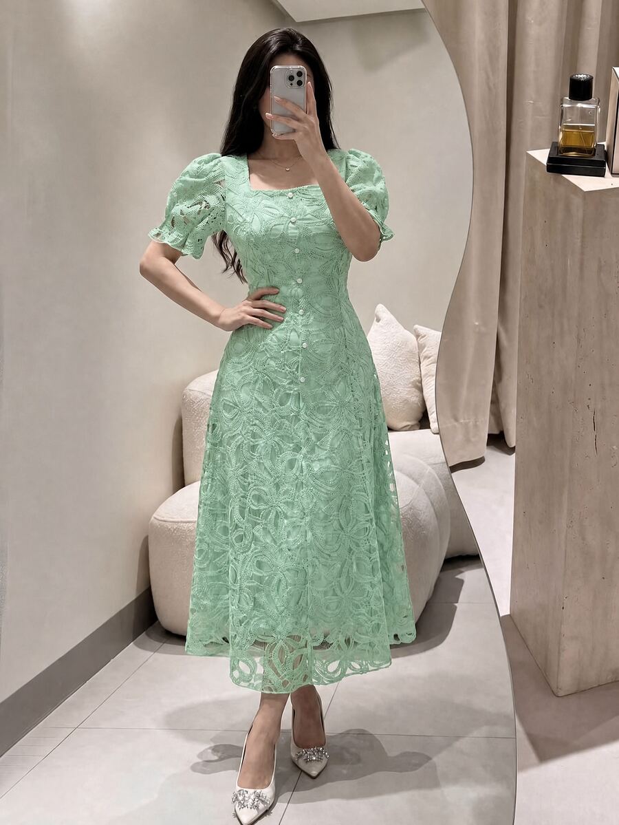 Modelyn 女士法式蕾丝优雅收腰长裙 - 綠色 - 查看 1