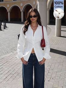 SHEIN Tall 100% Cotton Women's Solid Color Button Front Long Sleeve Casual Blouse, 1pc, Commuting, Leisure, Aft - White - View 6