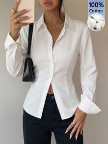 SHEIN Tall 100% Cotton Women's Solid Color Button Front Long Sleeve Casual Blouse, 1pc, Commuting, Leisure, Aft - White - View 4
