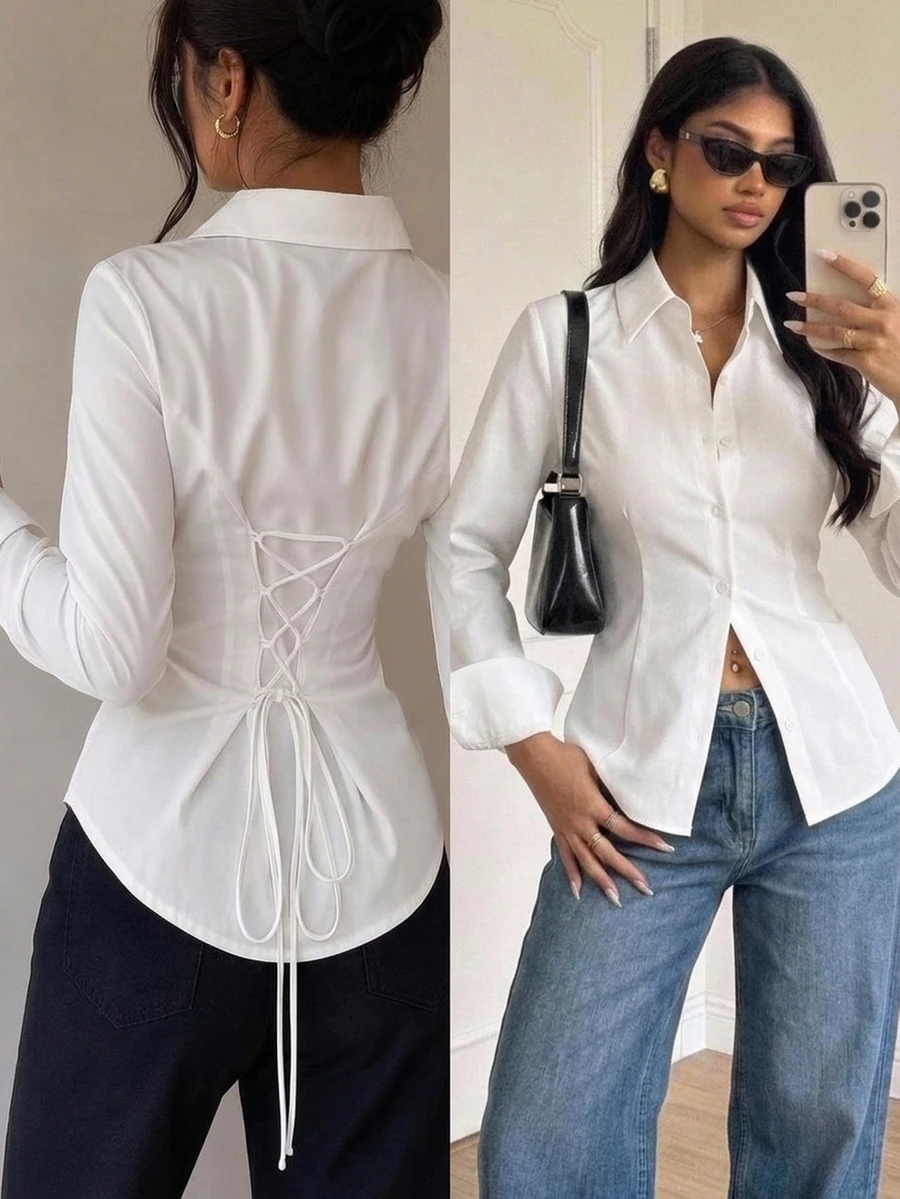 SHEIN Tall 100% Cotton Women's Solid Color Button Front Long Sleeve Casual Blouse, 1pc, Commuting, Leisure, Aft - White - View 1