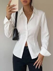 SHEIN Tall 100% Cotton Women's Solid Color Button Front Long Sleeve Casual Blouse, 1pc, Commuting, Leisure, Aft - White - View 5