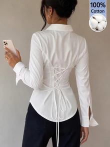 SHEIN Tall 100% Cotton Women's Solid Color Button Front Long Sleeve Casual Blouse, 1pc, Commuting, Leisure, Aft - White - View 2