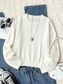 SHEIN 時尚休閒甜美櫻桃圖案套頭毛衣，適合前青春期女孩，秋冬穿著 - 米色 - 查看 3