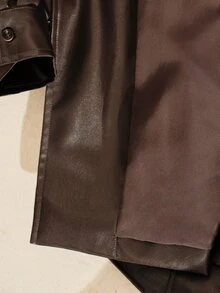 Trelyra 女款深棕色PU中長夾克大衣，繫帶收腰、大翻領、肩章設計、長袖，優雅秋季外出辦公夜生活工作外套 - 咖啡棕 - 查看 10