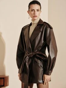 Trelyra 女款深棕色PU中長夾克大衣，繫帶收腰、大翻領、肩章設計、長袖，優雅秋季外出辦公夜生活工作外套 - 咖啡棕 - 查看 6