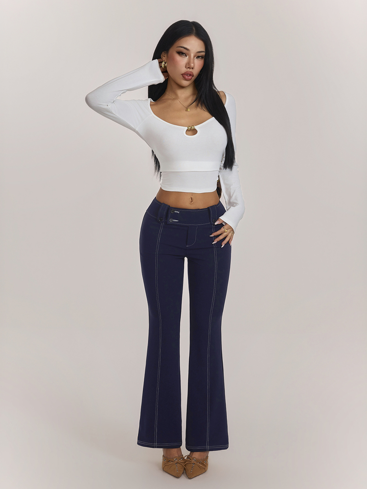 SHEIN PETITE Women's Casual Button Waist Design Flare Leg Suit Pants - Grey - View 8