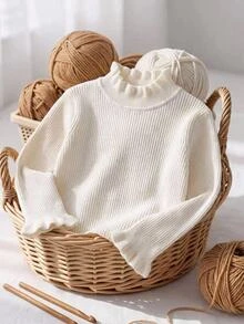 SHEIN Young Girls Sweaters New Autumn/Winter Solid Color Pullover High Neck Ruffle Trim Base Layer Inner Wear, Fashionable Minimalist Long Sleeve Knit Sweater For Toddlers, Suitable For Matching With Coats, Outings And Commuting - Beige - View 6