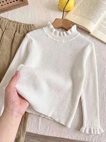 SHEIN Young Girls Sweaters New Autumn/Winter Solid Color Pullover High Neck Ruffle Trim Base Layer Inner Wear, Fashionable Minimalist Long Sleeve Knit Sweater For Toddlers, Suitable For Matching With Coats, Outings And Commuting - Beige - View 4