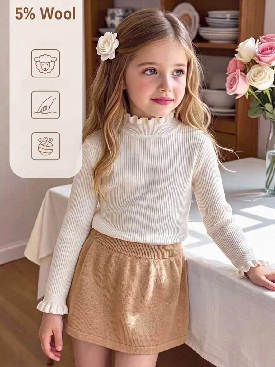 SHEIN Young Girls Sweaters New Autumn/Winter Solid Color Pullover High Neck Ruffle Trim Base Layer Inner Wear, Fashionable Minimalist Long Sleeve Knit Sweater For Toddlers, Suitable For Matching With Coats, Outings And Commuting