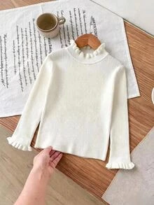 SHEIN Young Girls Sweaters New Autumn/Winter Solid Color Pullover High Neck Ruffle Trim Base Layer Inner Wear, Fashionable Minimalist Long Sleeve Knit Sweater For Toddlers, Suitable For Matching With Coats, Outings And Commuting - Beige - View 5