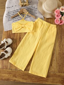 SHEIN 2件套女童纯色编织蝴蝶结装饰休闲无袖上衣和打底裤套装 - 黃色 - 查看 3