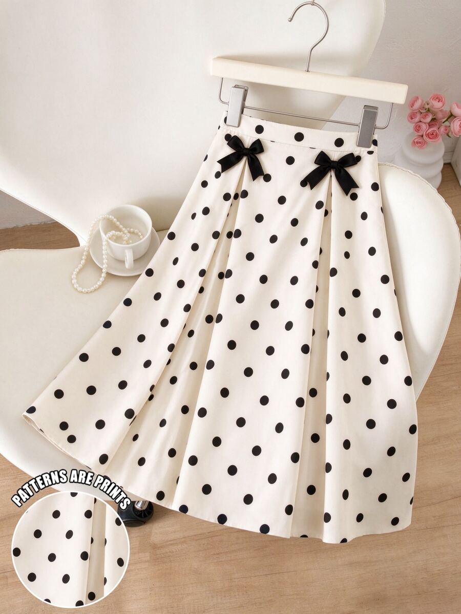 SHEIN Tween Girl Vintage Cute Polka Dot Bow 3D Decor Midi Skirt Formal Cocktail White And Black Polka Dot Fall - Multicolor - View 1