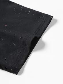 Manfinity Roghcode Kaos Pria Hitam Berkerah Bulat dengan Cetakan Huruf Mengkilap, Detail Glitter, dan Desain Tempel Setrika, Lengan Pendek, Pakaian Kasual Musim Panas, Liburan Kota - Hitam - View 6