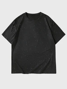 Manfinity Roghcode Kaos Pria Hitam Berkerah Bulat dengan Cetakan Huruf Mengkilap, Detail Glitter, dan Desain Tempel Setrika, Lengan Pendek, Pakaian Kasual Musim Panas, Liburan Kota - Hitam - View 8