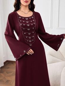 Yasmyna Women's Elegant Rhinestone Decorated Bell Sleeve Dress - Burgundy - View 8