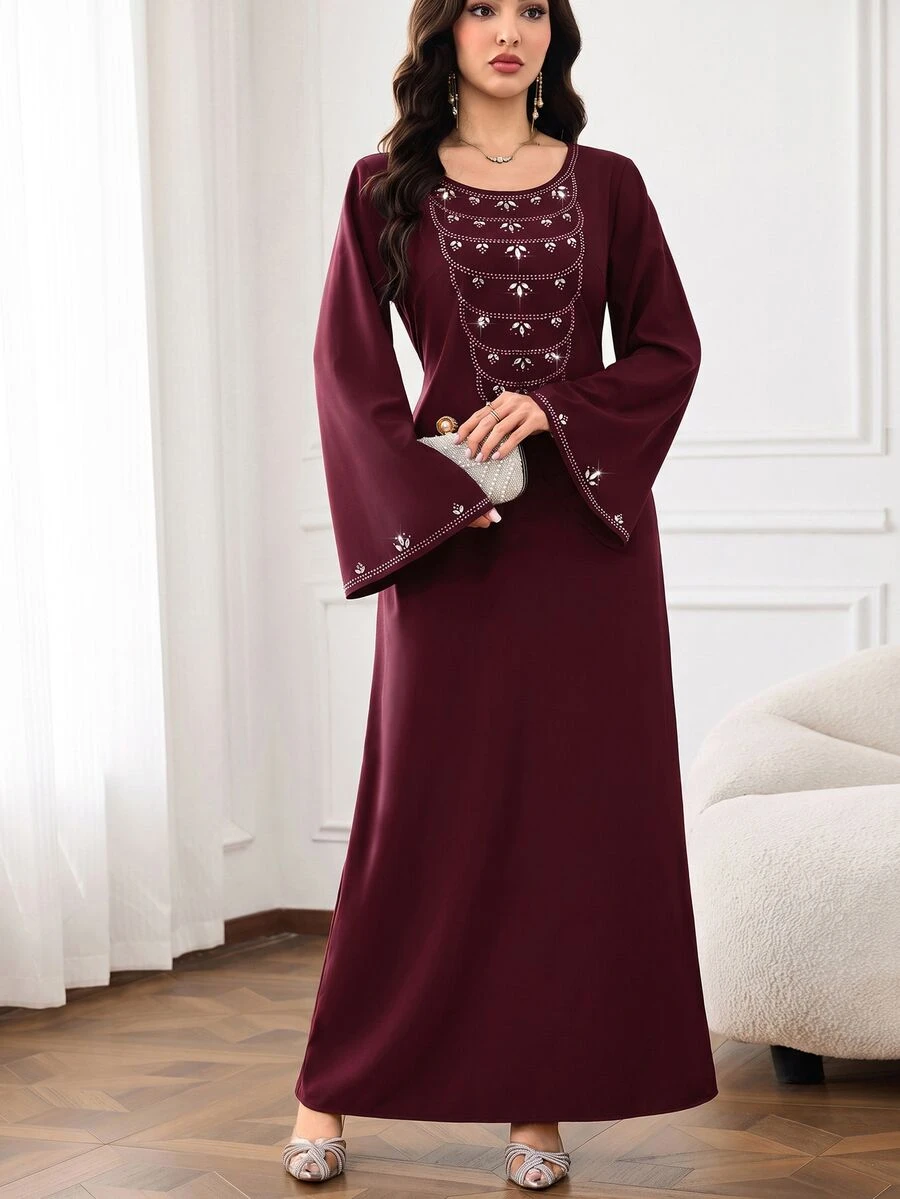 Yasmyna Women's Elegant Rhinestone Decorated Bell Sleeve Dress - Burgundy - View 1