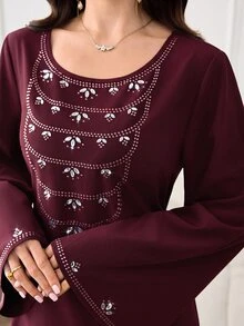Yasmyna Women's Elegant Rhinestone Decorated Bell Sleeve Dress - Burgundy - View 5