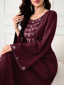 Yasmyna Women's Elegant Rhinestone Decorated Bell Sleeve Dress - Burgundy - View 6
