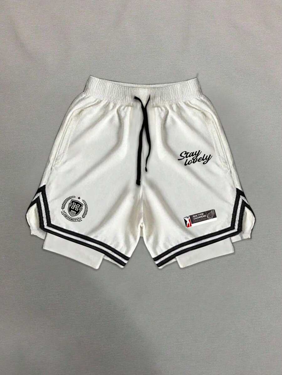 Gym Rark Men's Letter Print Drawstring Waist Double Layer Sports Soft Baggy Shorts Gym Summer - White - View 1