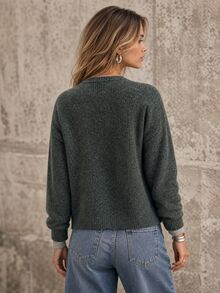Elafinee New Chinese Style V-Neck Frog Button Design Dropped Shoulder Ribbed Hem Casual Minimalist Versatile Women's Cardigan Brunch Office Fall - Multicolor - View 2
