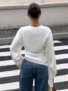 Muchica White Knit Round Neck Lace Patchwork Long Sleeve T-Shirt Everyday Fall Casual - White - View 2