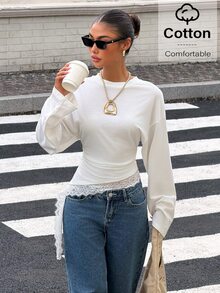 Muchica White Knit Round Neck Lace Patchwork Long Sleeve T-Shirt Everyday Fall Casual - White - View 1