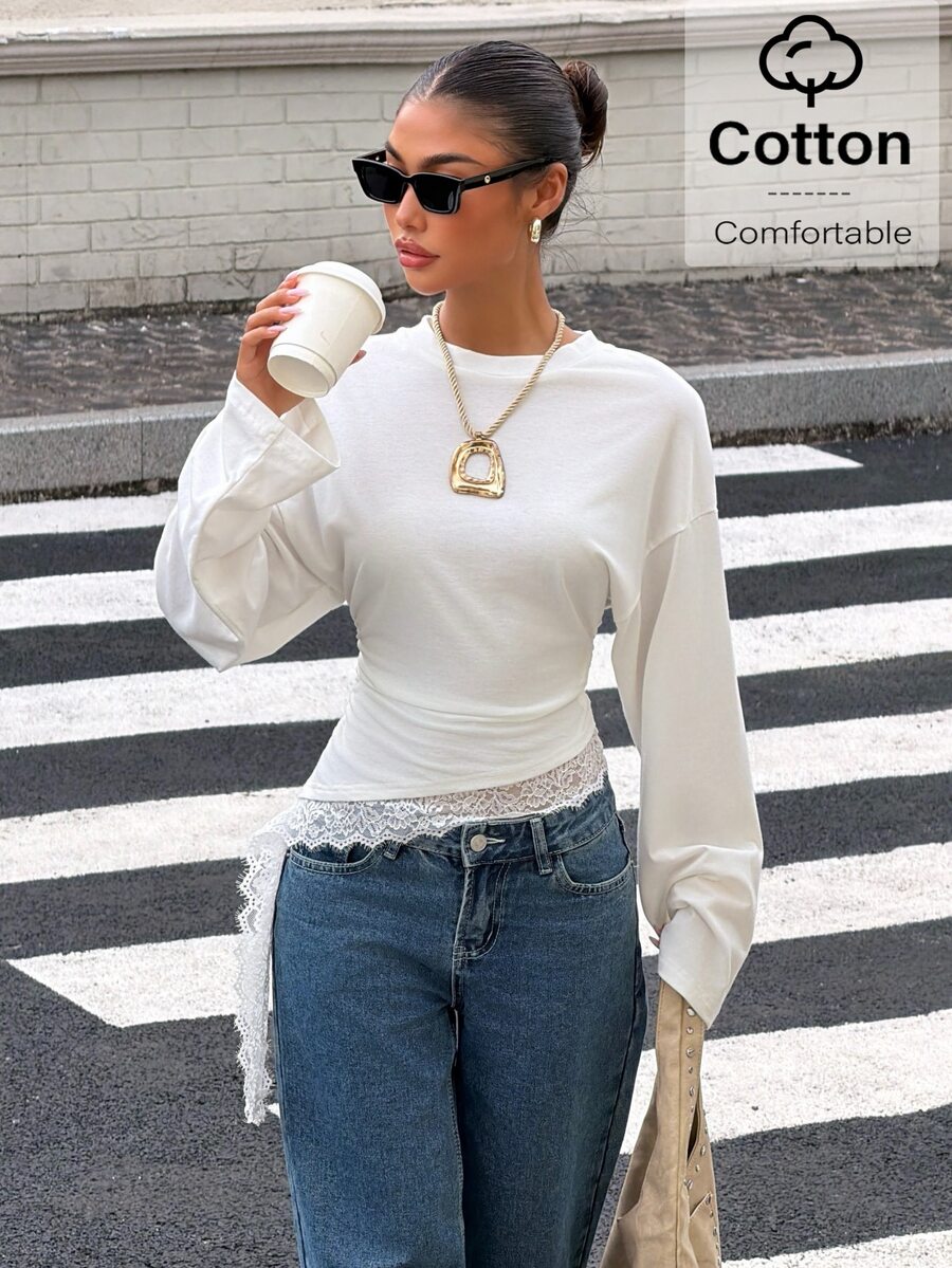 Muchica White Knit Round Neck Lace Patchwork Long Sleeve T-Shirt Everyday Fall Casual - White - View 1