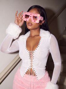 Aravennia 1pc Oversized Furry Decorative Eyeglasses Frame, Fashionable Style For Women Halloween Basics Fall Winter - C4 Powder Frame Gradual Pink - View 3