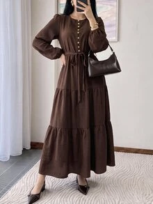 Solavon Women's Solid Color Knot Waist Casual Daily Summer Dress - Coffee Brown - View 3