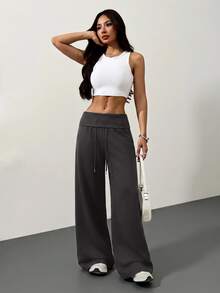 SHEIN Tall CURVE Plus Size Solid Drawstring High Waist Wide Leg Pants Homewear Vacation Gym Black Autumn Casual Soft Fall - Dark Grey - View 5