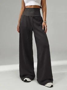 SHEIN Tall CURVE Plus Size Solid Drawstring High Waist Wide Leg Pants Homewear Vacation Gym Black Autumn Casual Soft Fall - Dark Grey - View 8