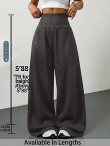 SHEIN Tall CURVE Plus Size Solid Drawstring High Waist Wide Leg Pants Homewear Vacation Gym Black Autumn Casual Soft Fall - Dark Grey - View 3