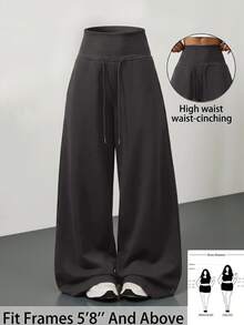SHEIN Tall CURVE Plus Size Solid Drawstring High Waist Wide Leg Pants Homewear Vacation Gym Black Autumn Casual Soft Fall - Dark Grey - View 1